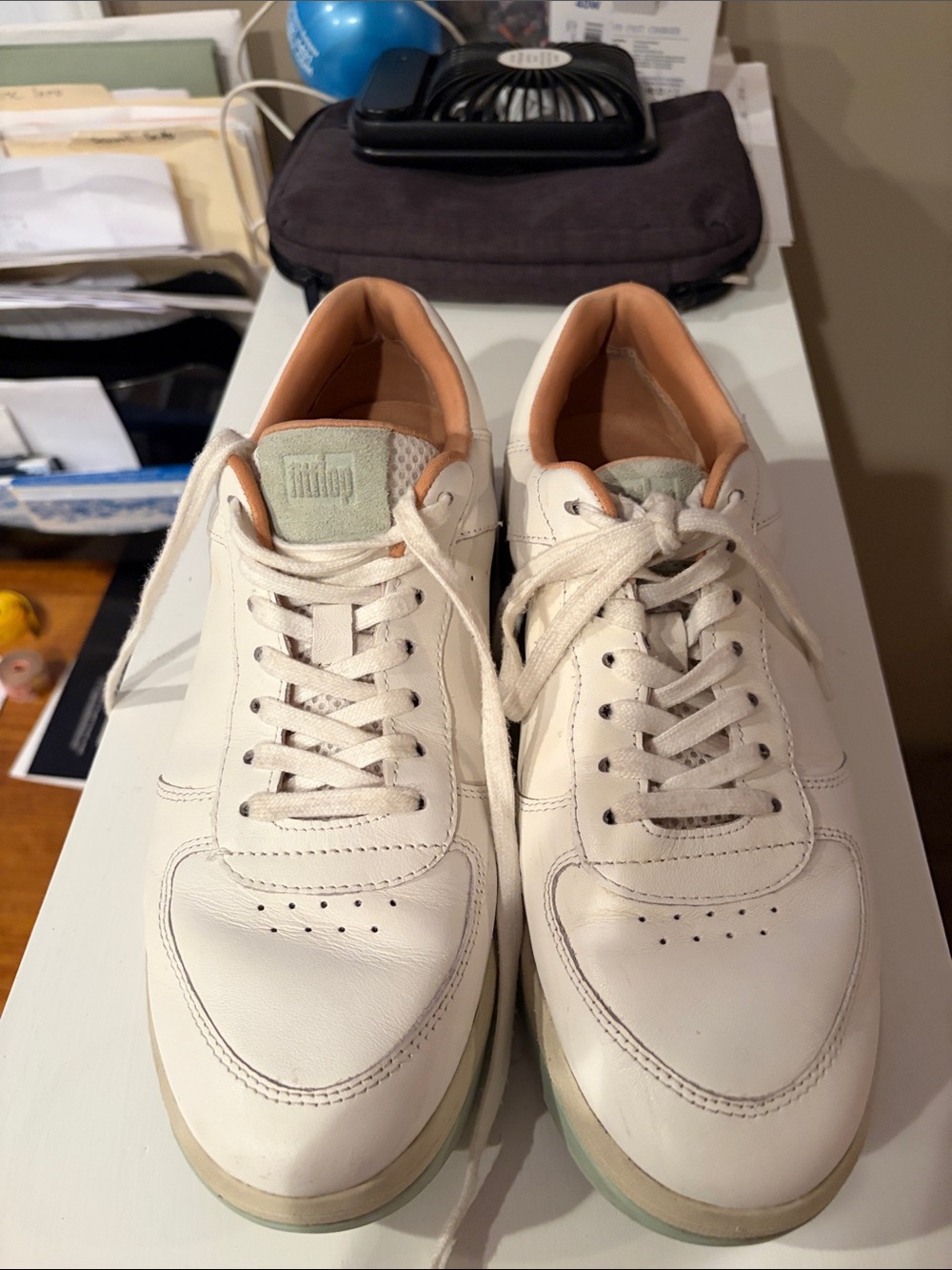 Fitflop White Leather Athletic Sneakers with Sagebrush Trim